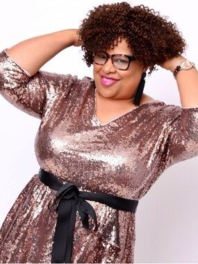Lane Bryant Rose Gold Sequin V-Neck Dress with Black Trim